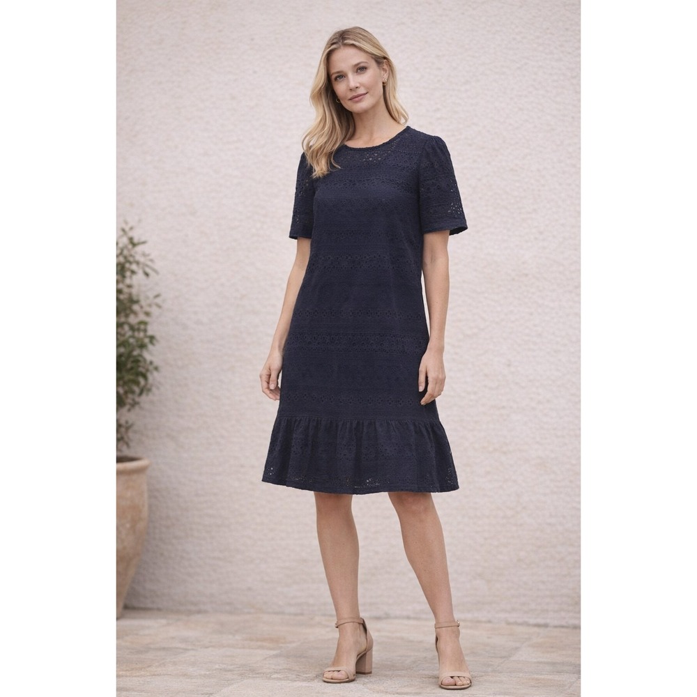 Gerard Darel Paris Navy Blue Eyelet Lace Ruffle Hem Shift Dress Size 12